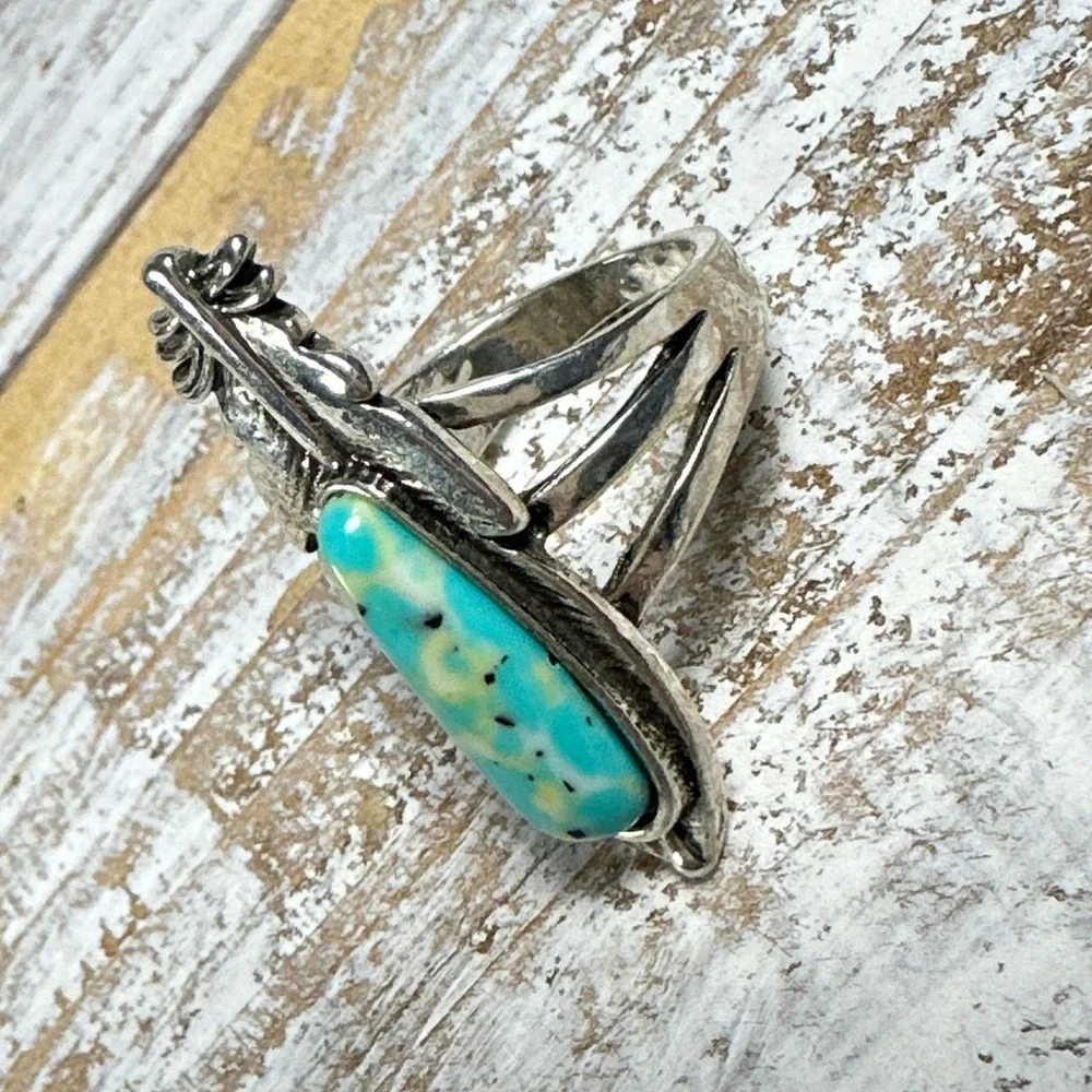 Southwestern Feather Turquoise Statement Ring Silver Tone Split Shank Size 8.25